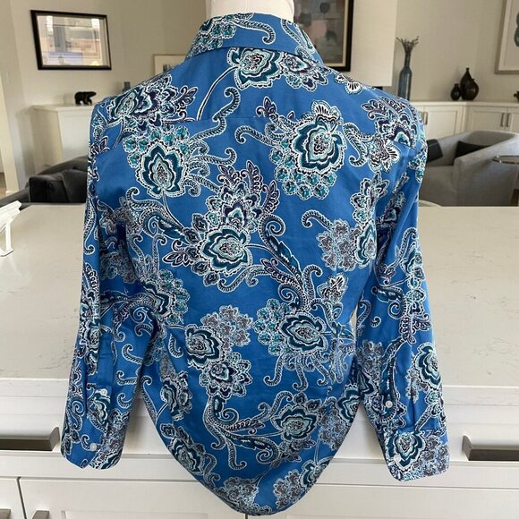 Chaps No Iron 3/4 Slv Button Down 100% Cotton Paisley Shirt Blue White Sz S - Picture 6 of 12